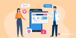 A doctor and a patient are standing with a mobile in the middle and icons that reflect telehealth and other features